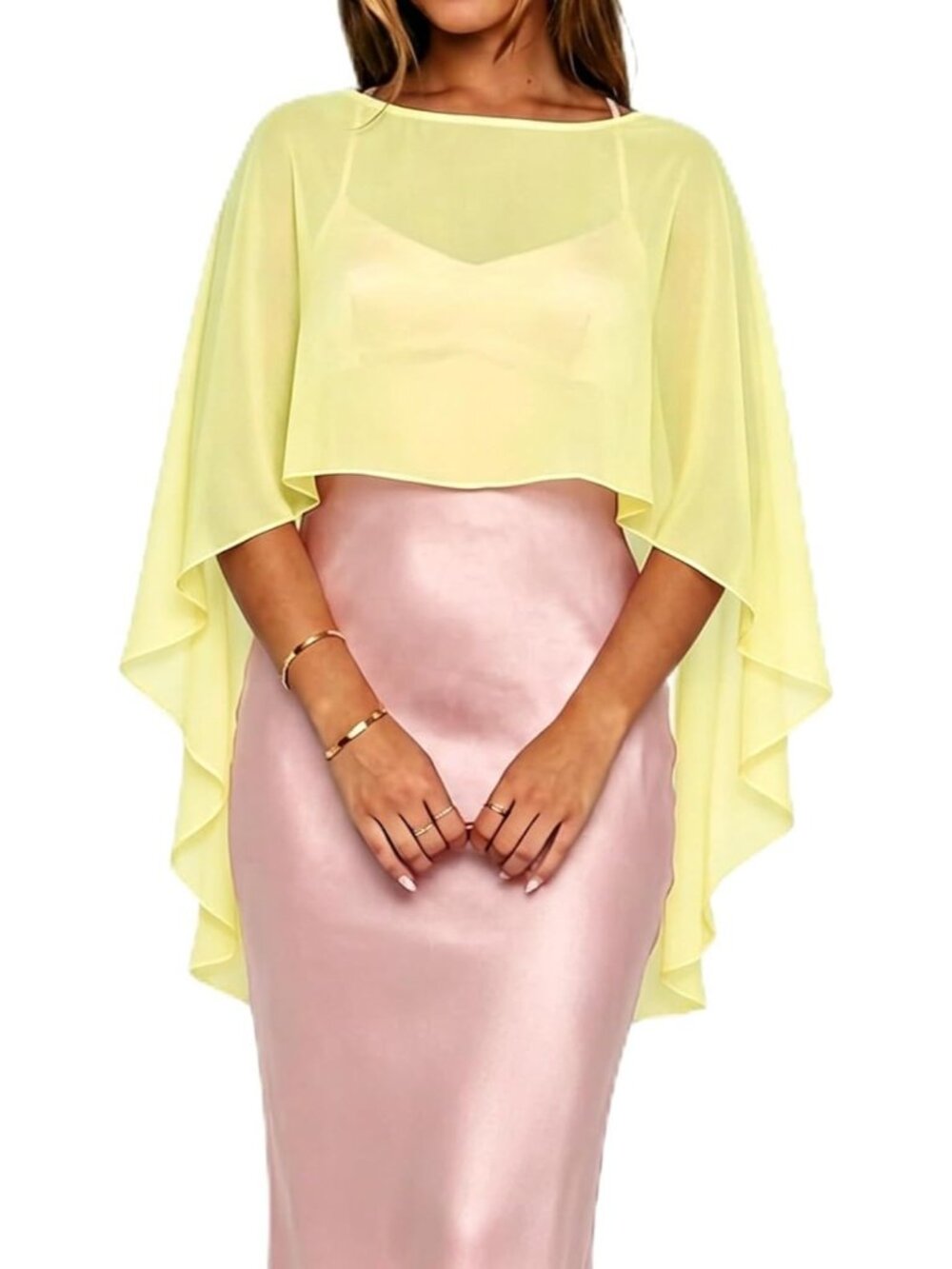 Women's Yellow Chiffon Cape Sheer Poncho Top Shawls and Wraps Beach Cover Up